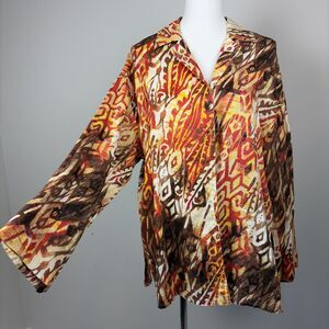 Jones New York Linen Ikat Unlined Jacket M Brown Orange Artsy Boho Fall